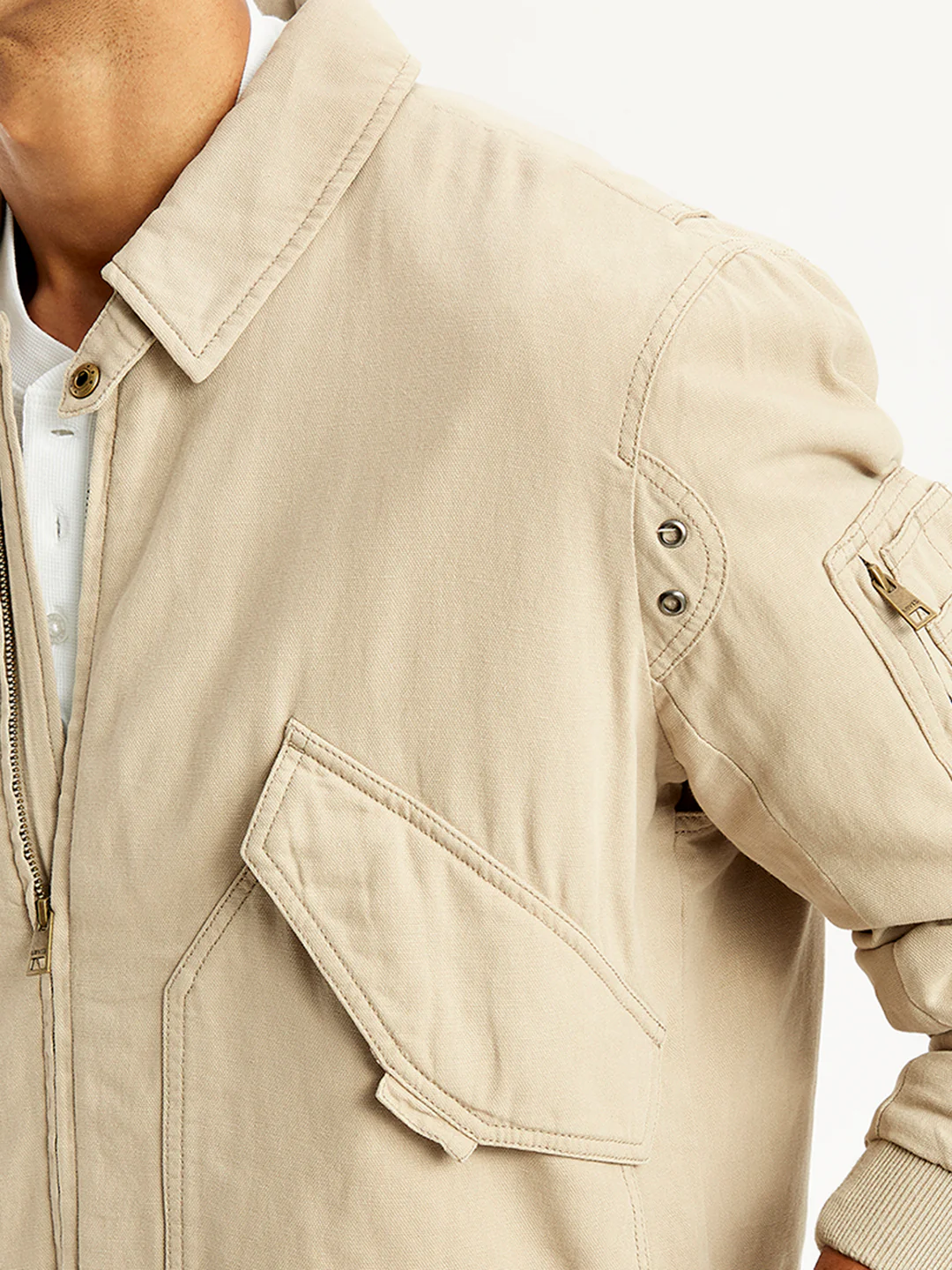 Men's Solid Beige Spread Collar Bomber Jacket - Image 4