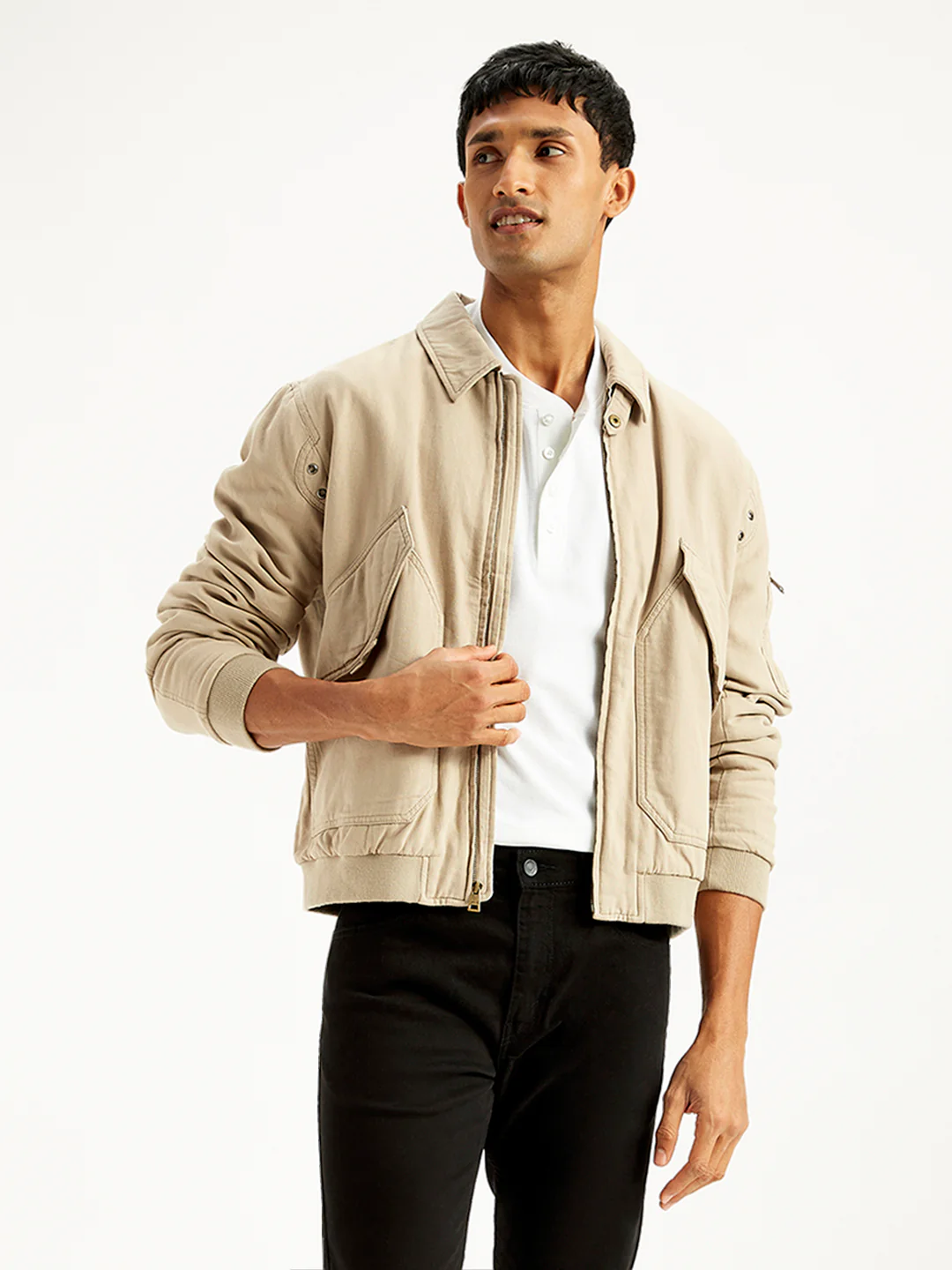 Men's Solid Beige Spread Collar Bomber Jacket - Image 5