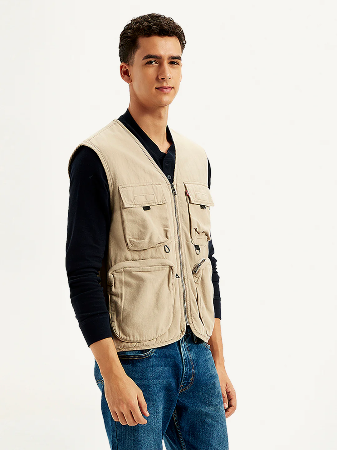Men's Solid Beige V Neck Jacket - Image 3