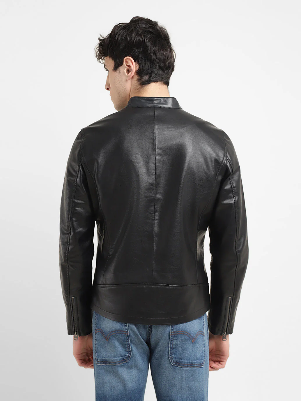 Men's Solid Black Band Neck Biker Jacket - Image 3