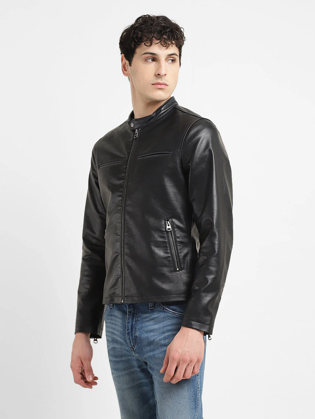 Men's Solid Black Band Neck Biker Jacket - Image 4