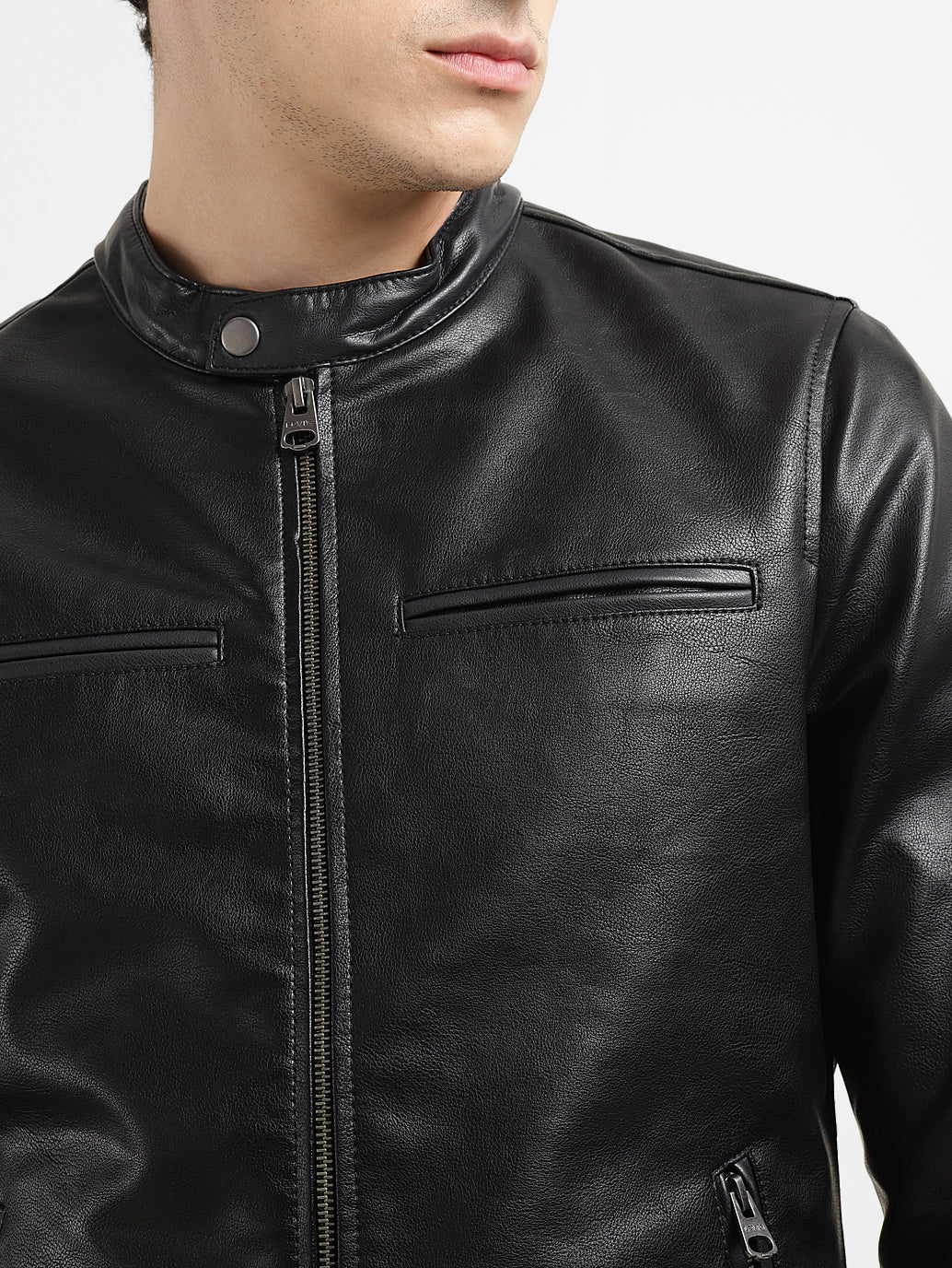 Men's Solid Black Band Neck Biker Jacket - Image 5