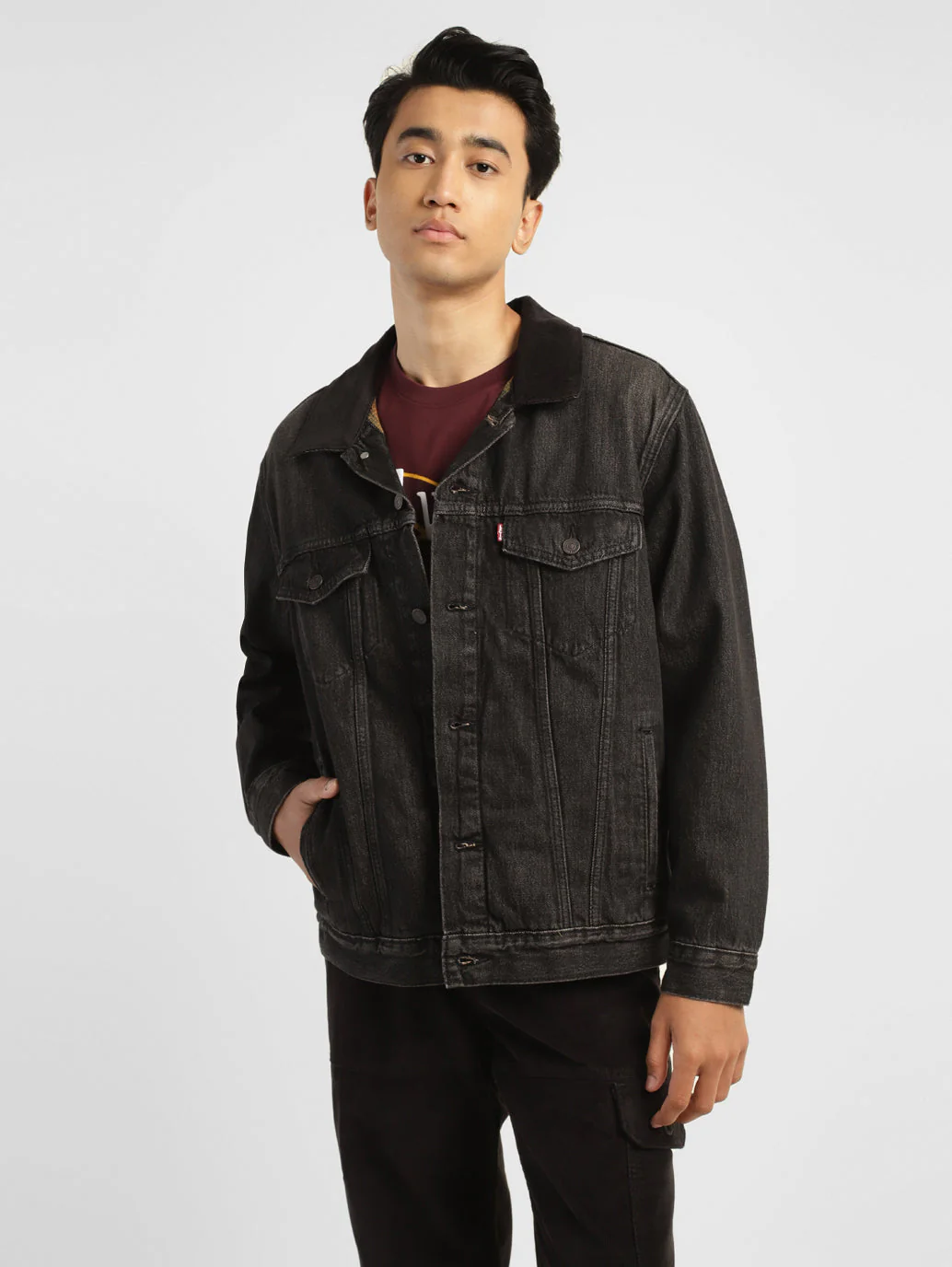 Men's Solid Black Collar Neck Trucker Jacket - Image 2