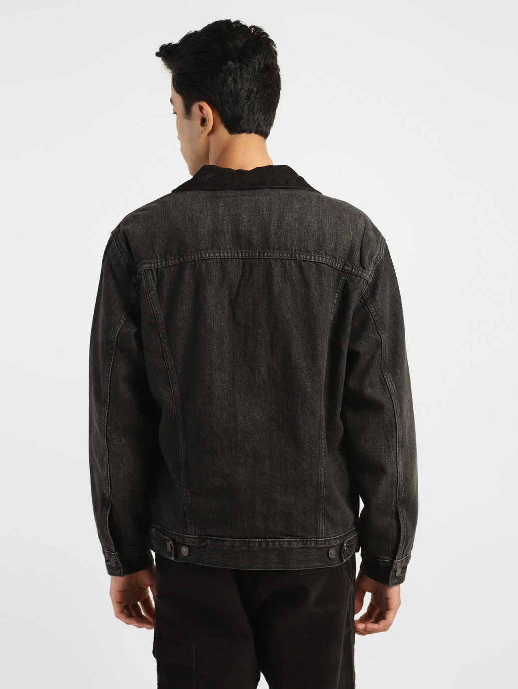 Men's Solid Black Collar Neck Trucker Jacket - Image 3