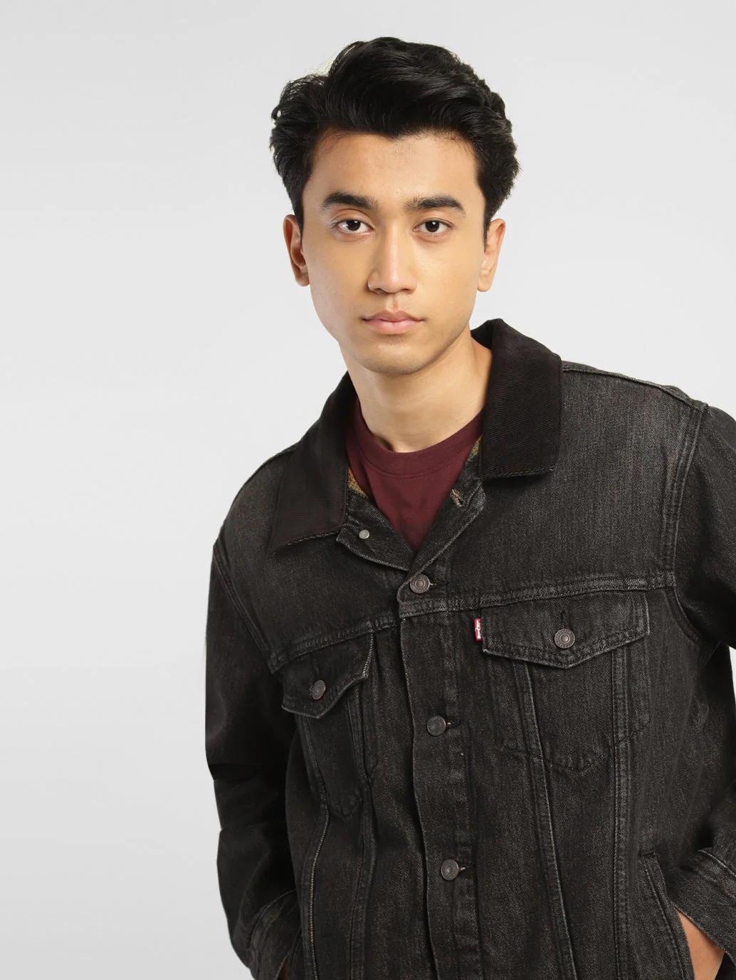Men's Solid Black Collar Neck Trucker Jacket - Image 5