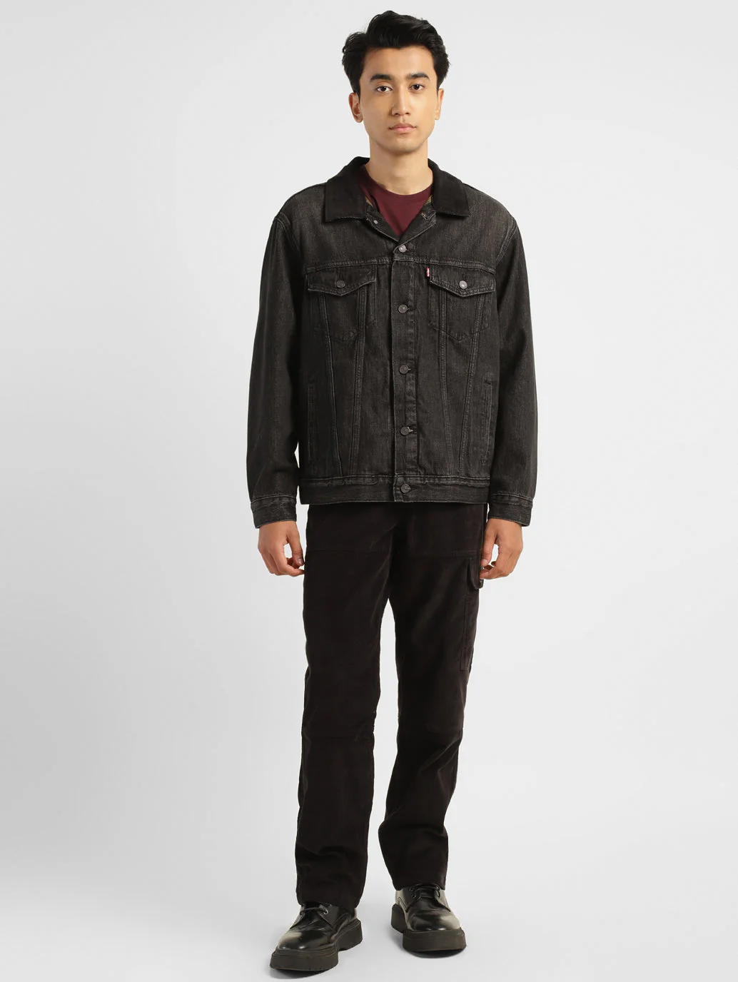 Men's Solid Black Collar Neck Trucker Jacket - Image 6