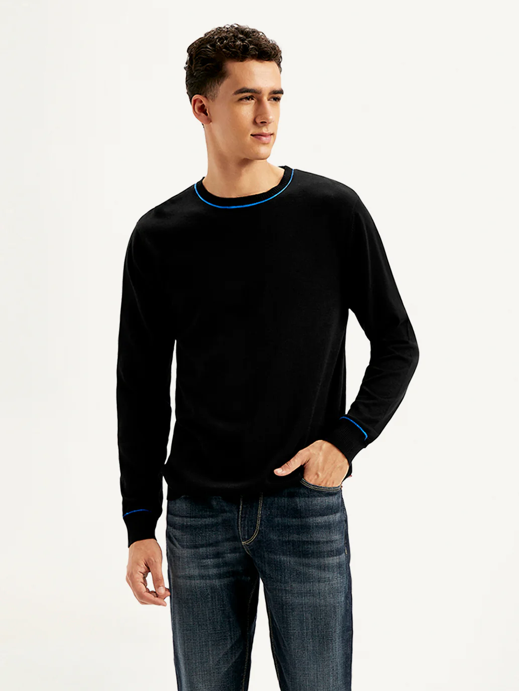 Men's Solid Black Crew Neck Sweater - Image 2