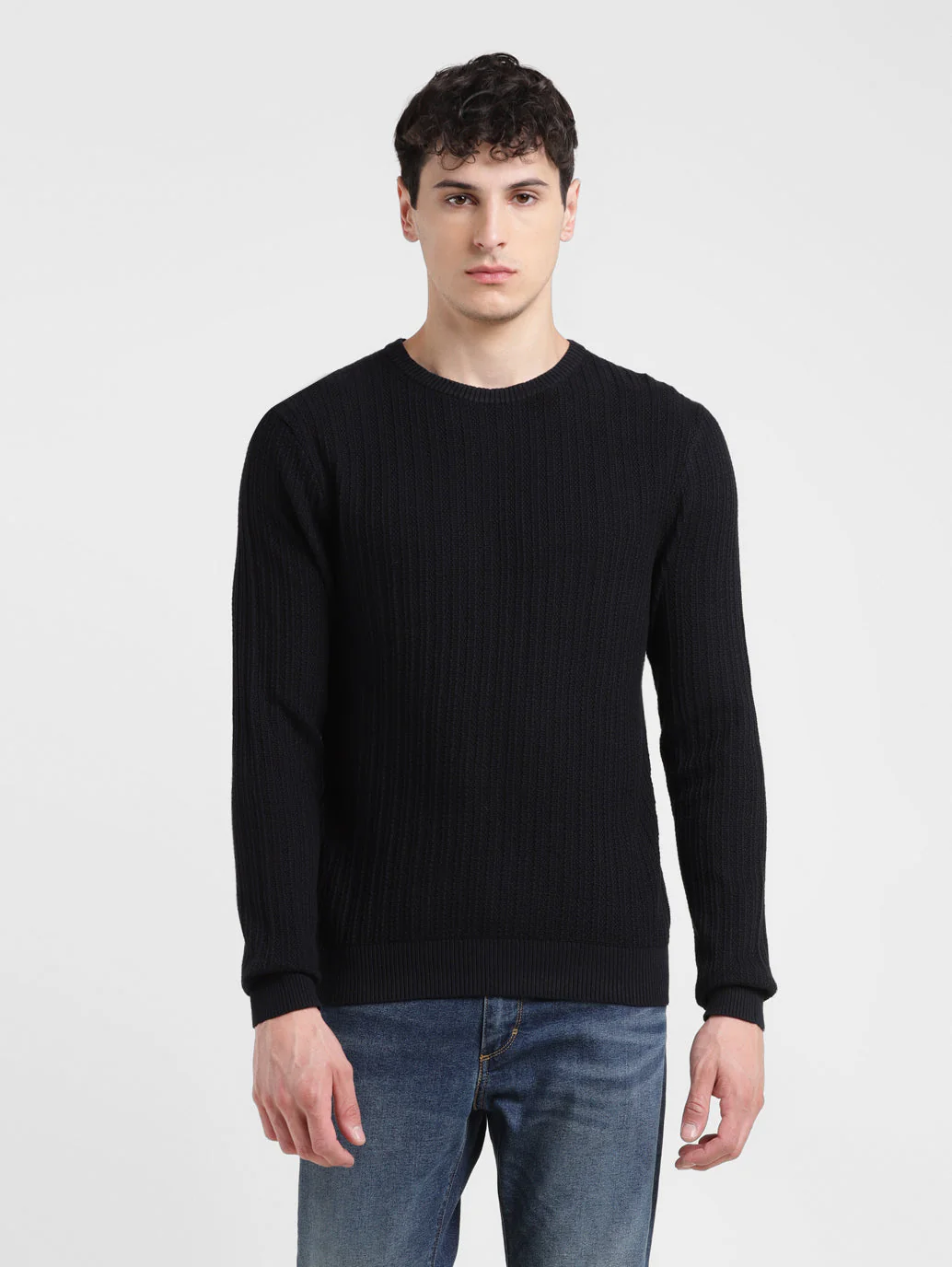 Men's Solid Black Crew Neck Sweater - Image 2