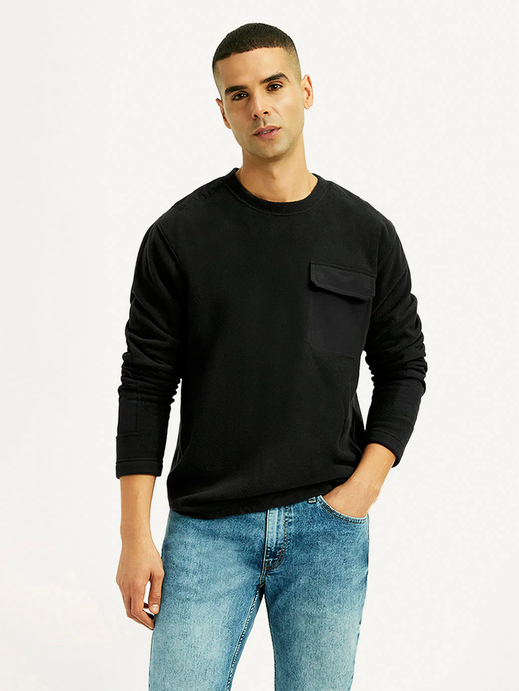 Men's Solid Black Crew Neck Sweatshirt - Image 2
