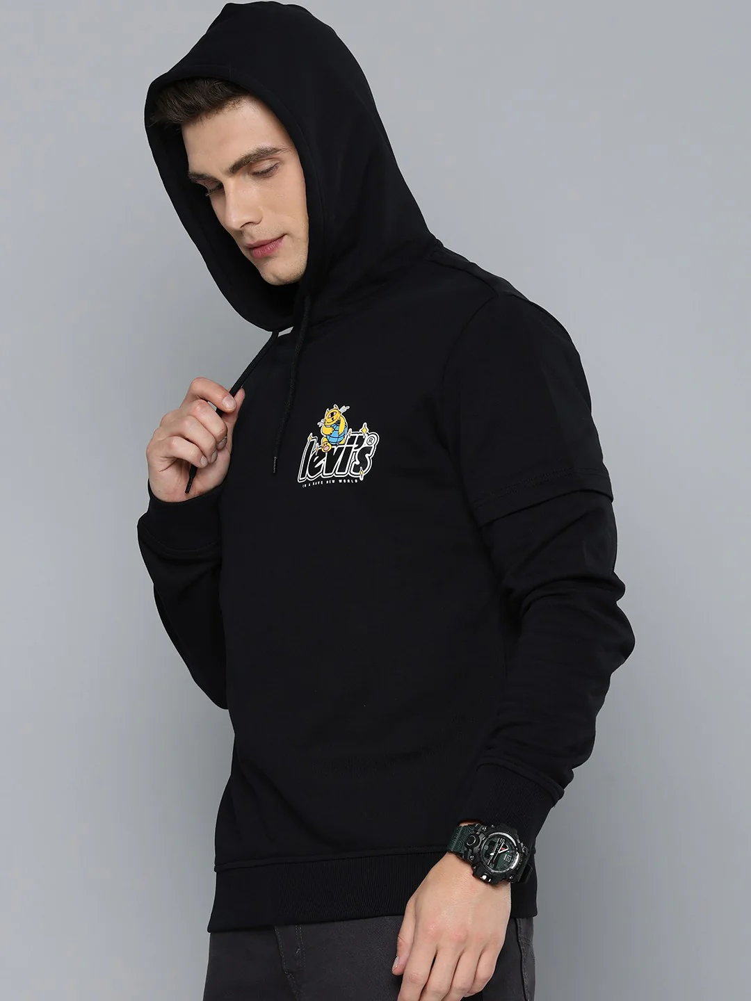 Men's Solid Black Hooded Sweatshirt - Image 3