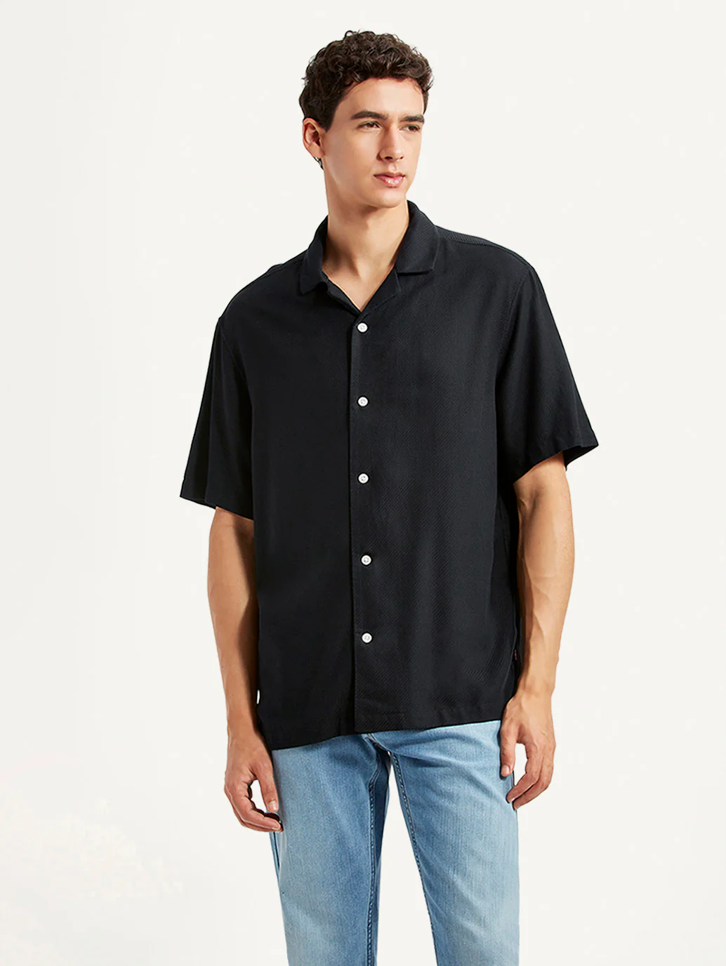 Men's Solid Black Relaxed Fit Camp Shirt