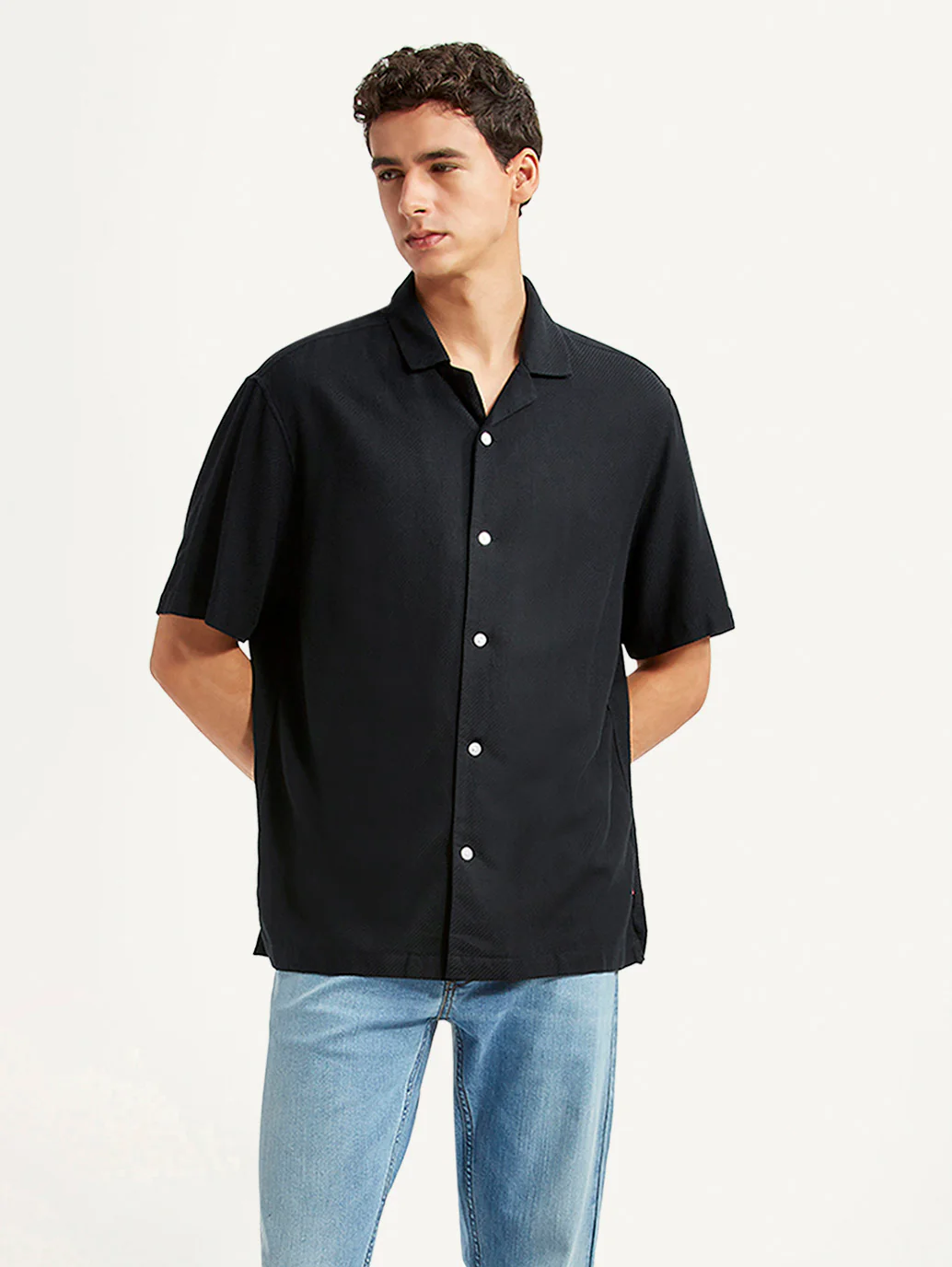 Men's Solid Black Relaxed Fit Camp Shirt - Image 2