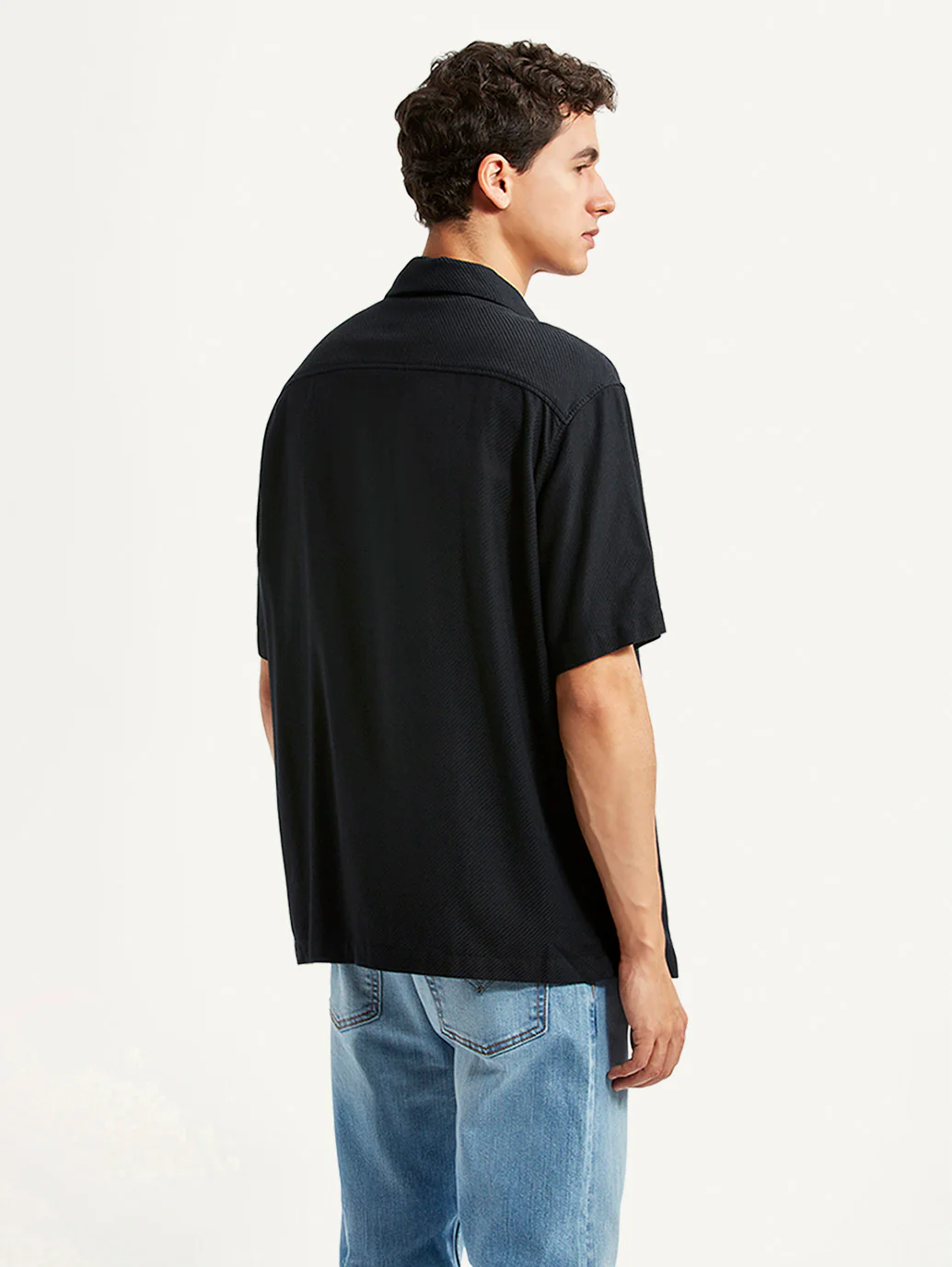 Men's Solid Black Relaxed Fit Camp Shirt - Image 3