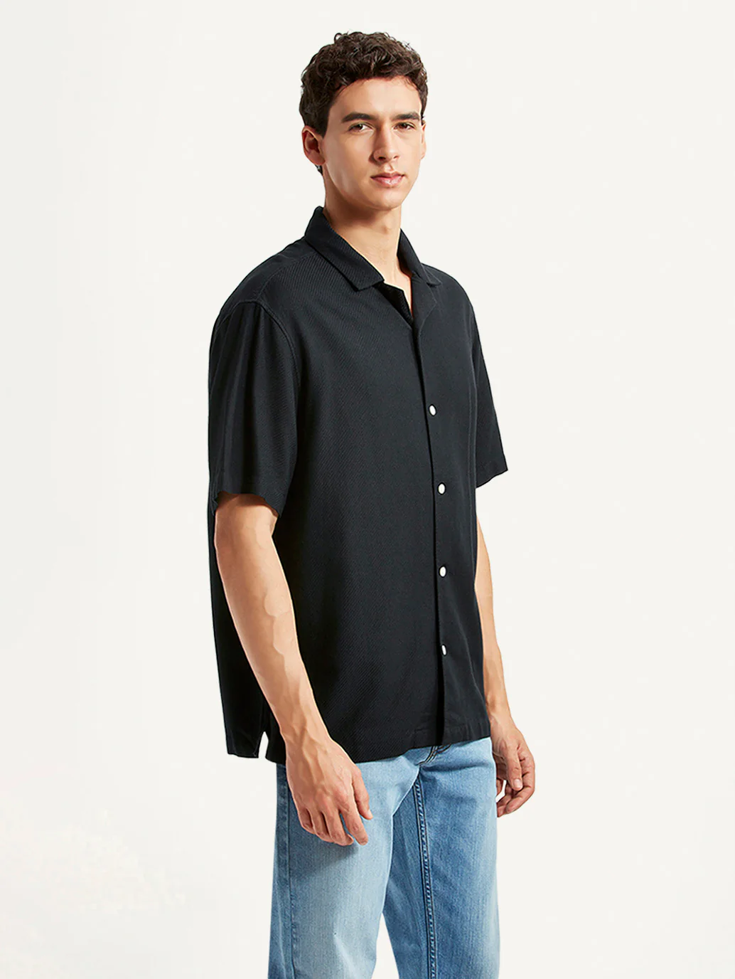 Men's Solid Black Relaxed Fit Camp Shirt - Image 5