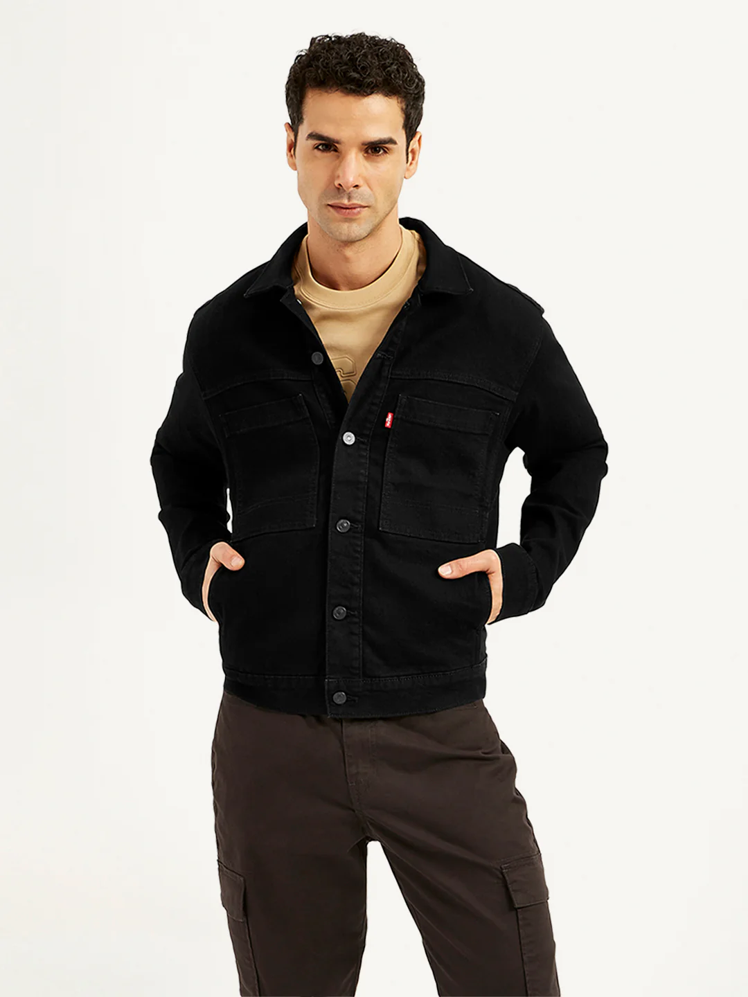 Men's Solid Black Spread Collar Denim Jacket - Image 2