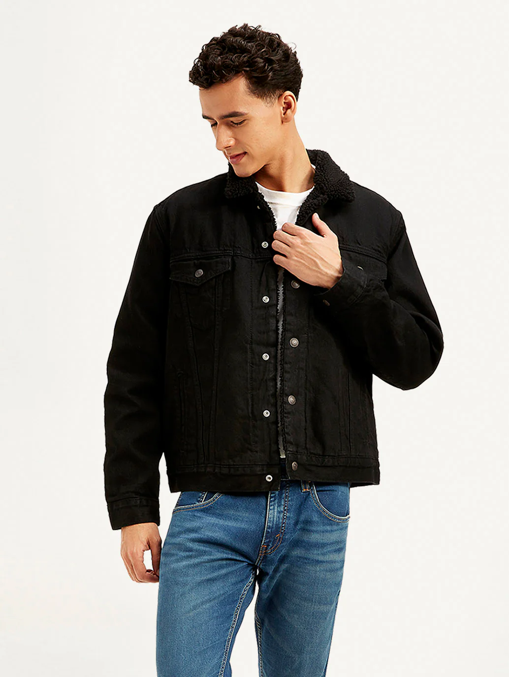 Men's Solid Black Spread Collar Denim Jacket