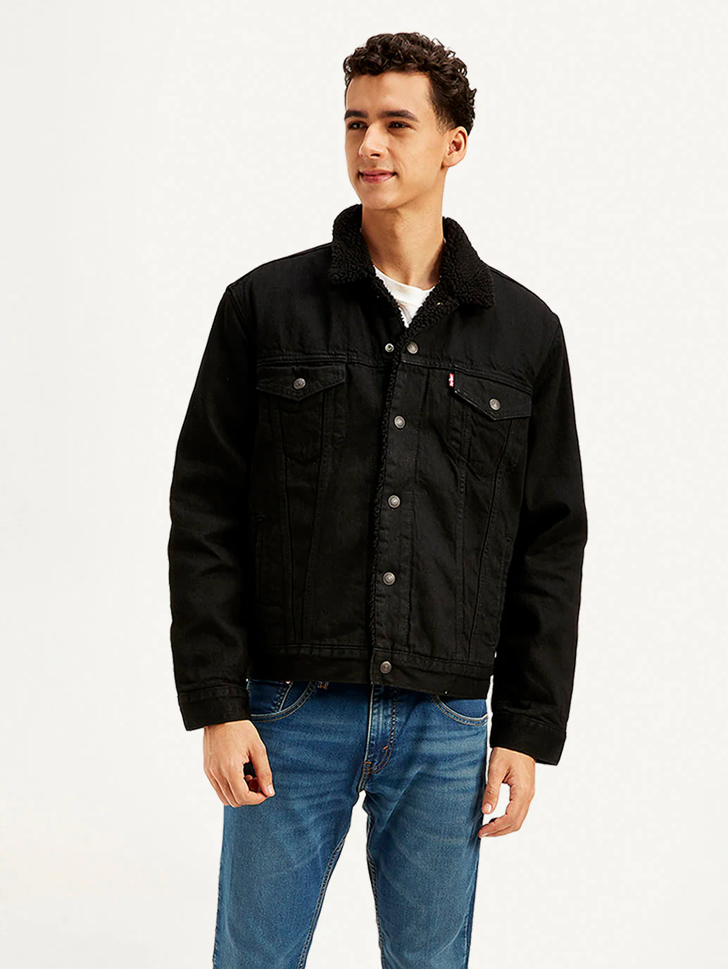 Men's Solid Black Spread Collar Denim Jacket - Image 2