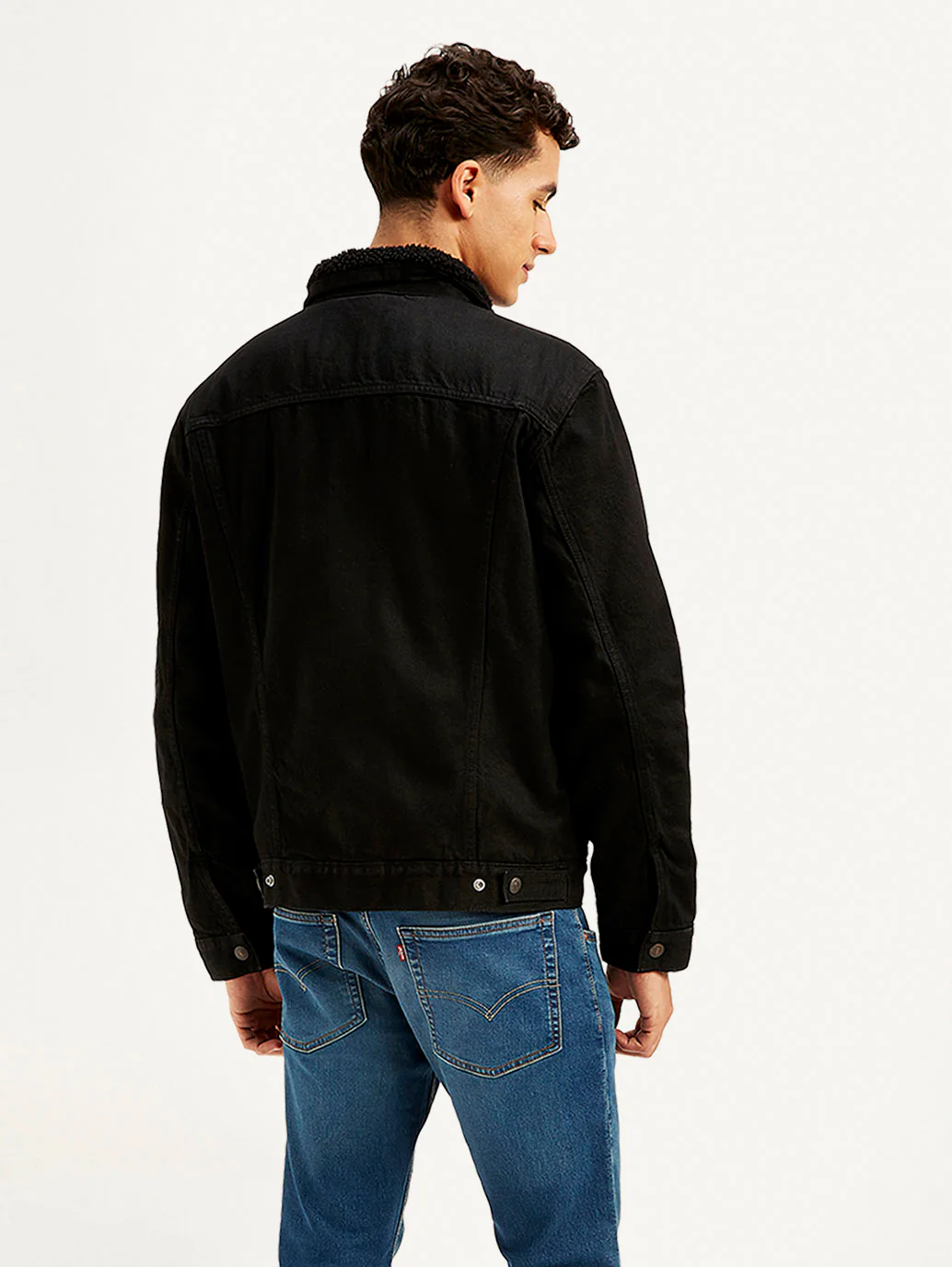 Men's Solid Black Spread Collar Denim Jacket - Image 3
