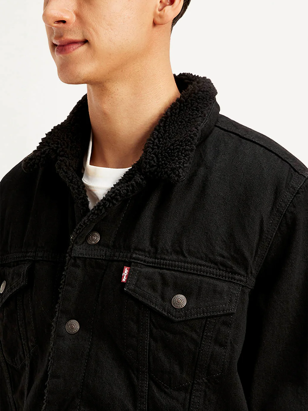 Men's Solid Black Spread Collar Denim Jacket - Image 4