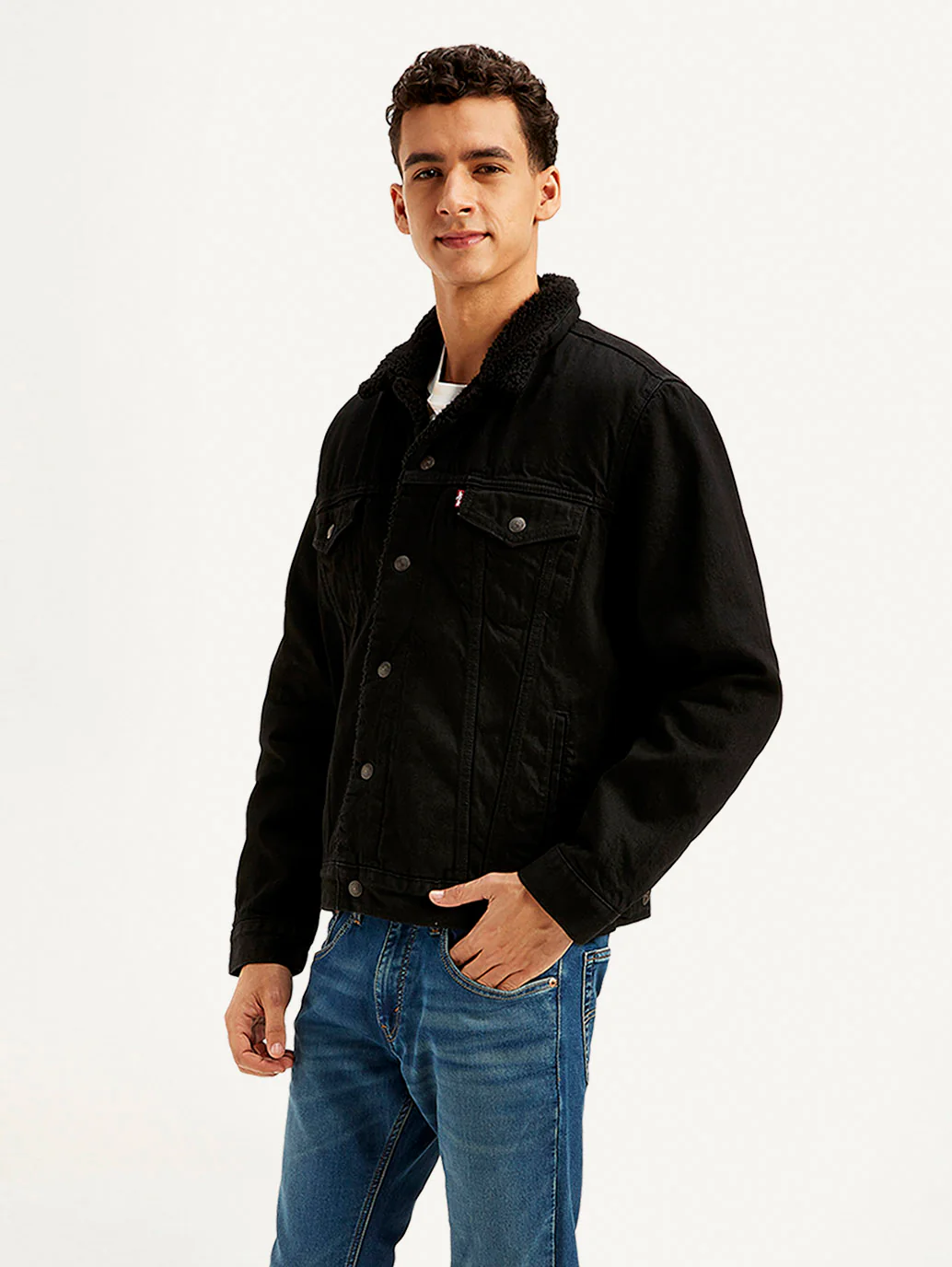 Men's Solid Black Spread Collar Denim Jacket - Image 5