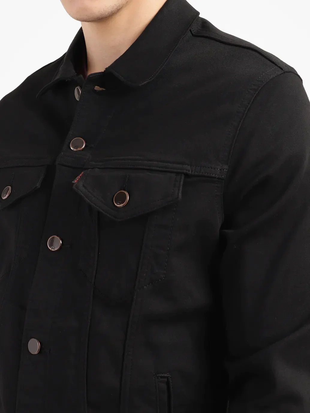 Men's Redloop Solid Black Spread Collar Denim Trucker Jacket - Image 4