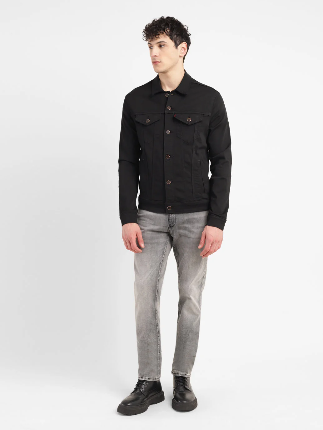Men's Redloop Solid Black Spread Collar Denim Trucker Jacket - Image 5