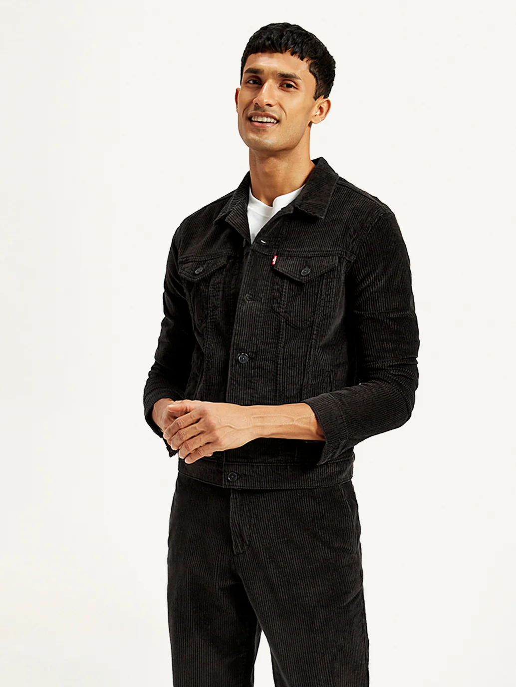 Men's Solid Black Spread Collar Denim Jacket - Image 2