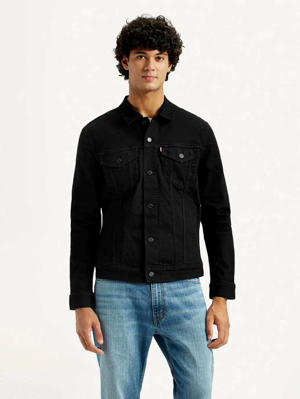 Men's Solid Black Spread Collar Jacket - Image 2