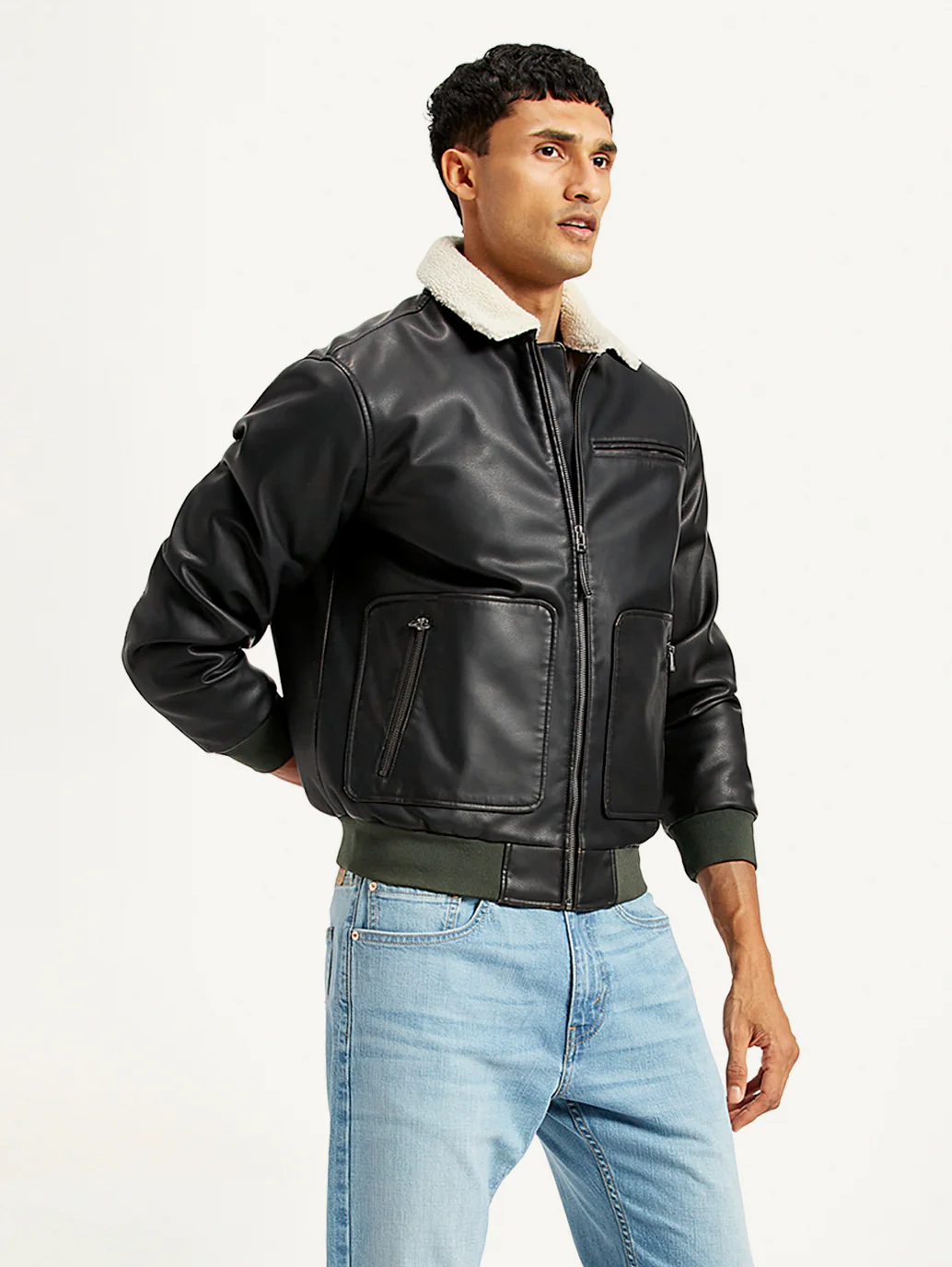 Men's Solid Dark Brown Spread Collar Leather Jacket - Image 3