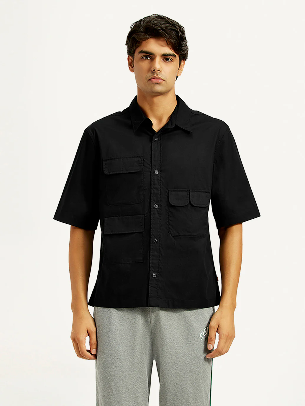 Men's Solid Black Spread Collar Shirt - Image 2