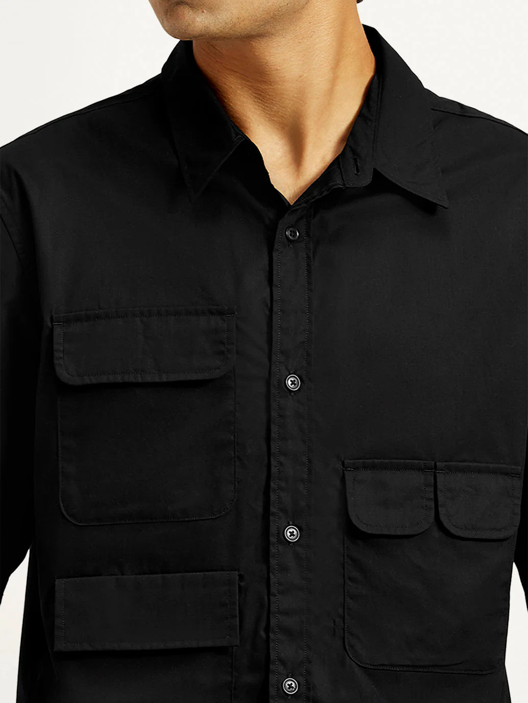 Men's Solid Black Spread Collar Shirt - Image 4