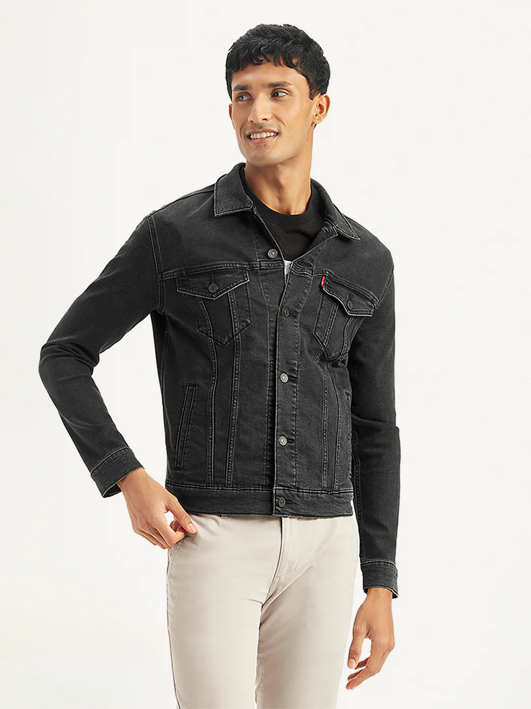 Men's Solid Black Spread Collar Denim Trucker Jacket - Image 2