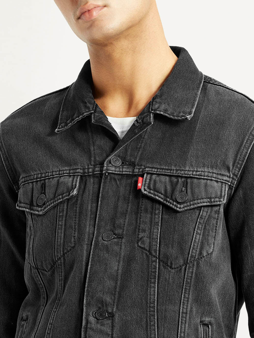 Men's Solid Black Denim Trucker Jacket - Image 3