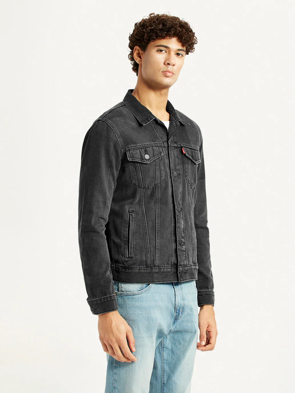 Men's Solid Black Denim Trucker Jacket - Image 4