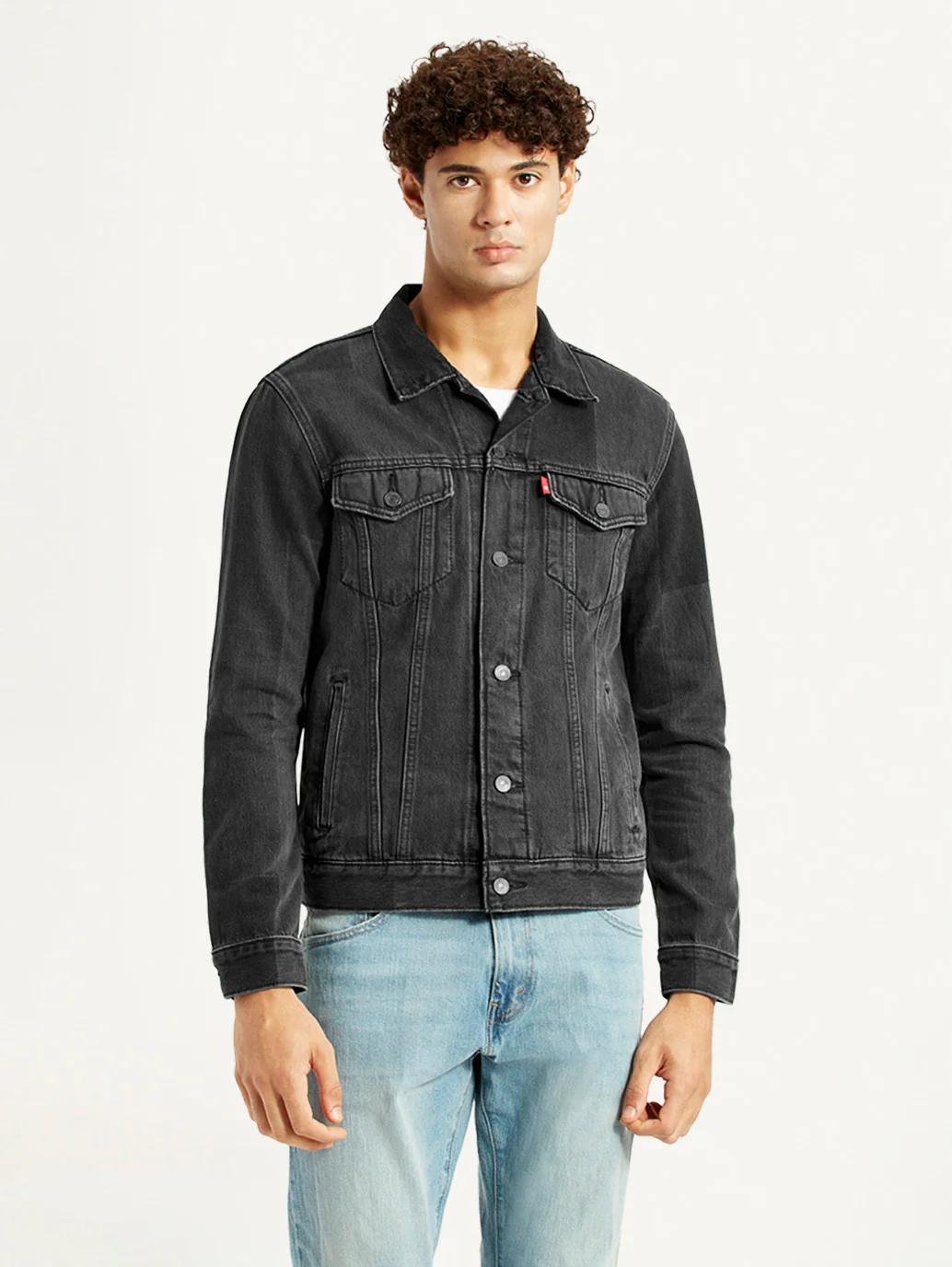 Men's Solid Black Denim Trucker Jacket - Image 5