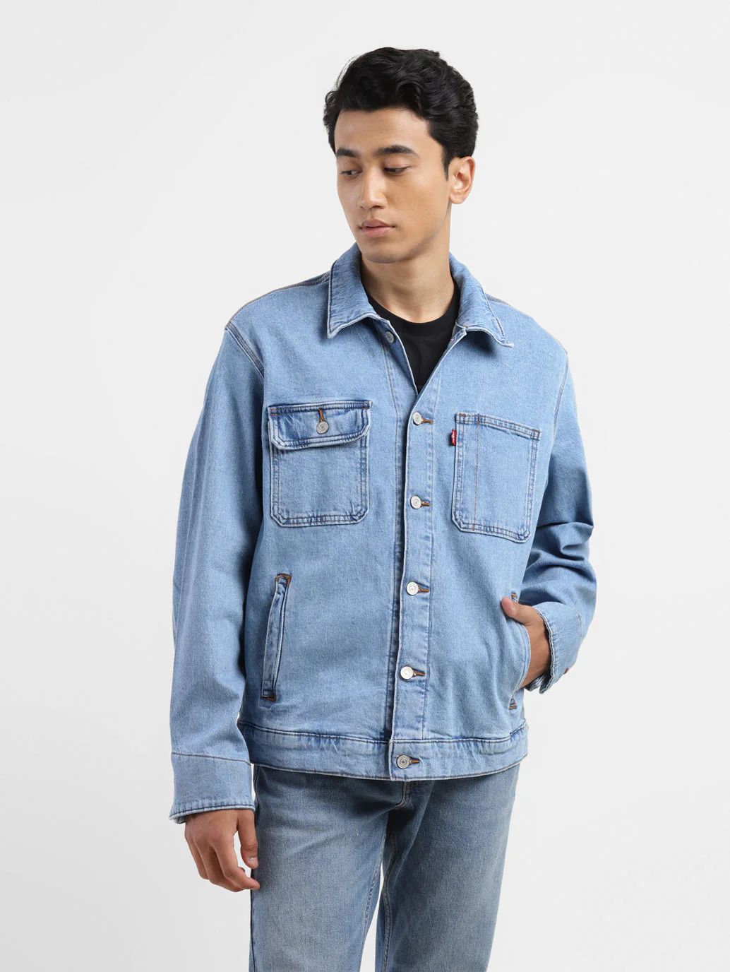 Men's Solid Blue Collar Neck Denim Jacket - Image 2