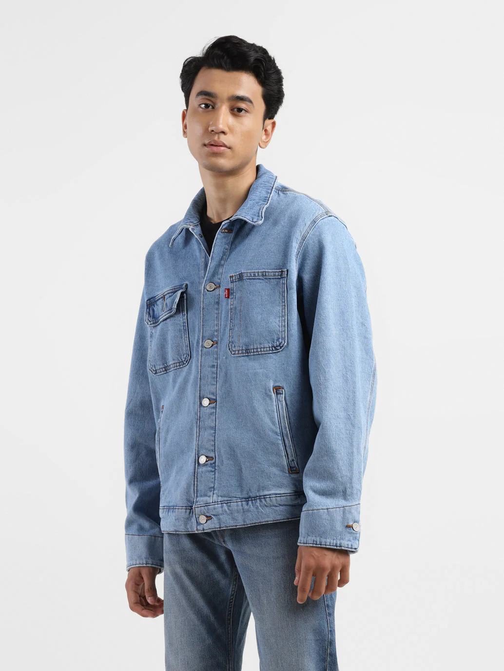 Men's Solid Blue Collar Neck Denim Jacket - Image 4