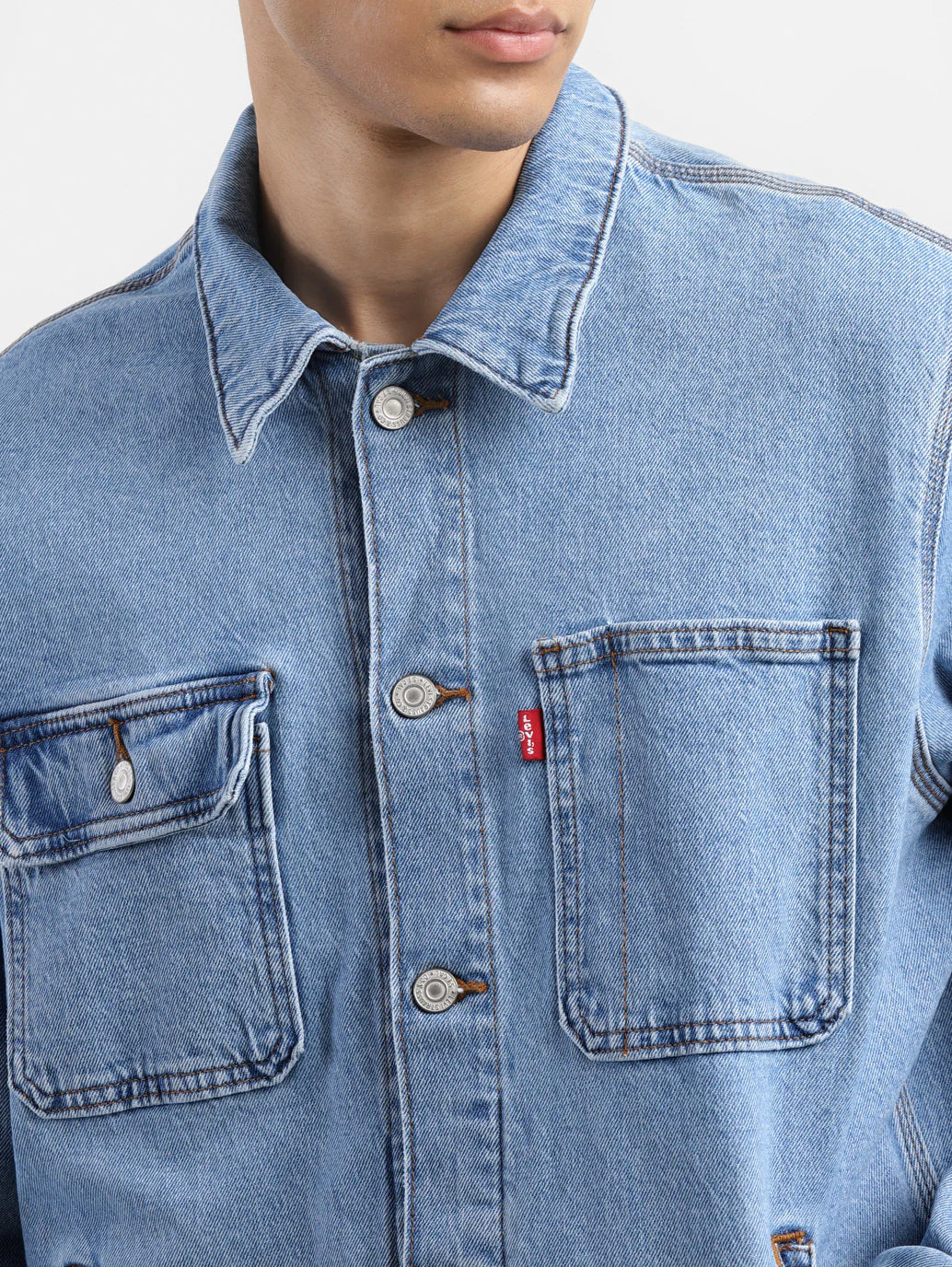 Men's Solid Blue Collar Neck Denim Jacket - Image 5
