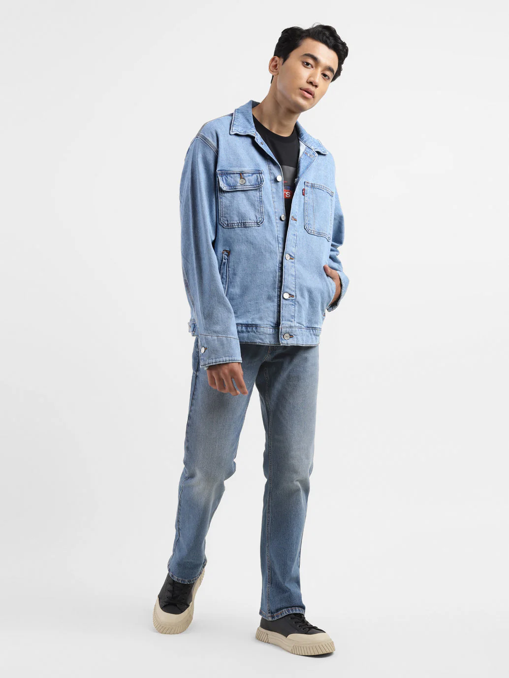 Men's Solid Blue Collar Neck Denim Jacket - Image 6