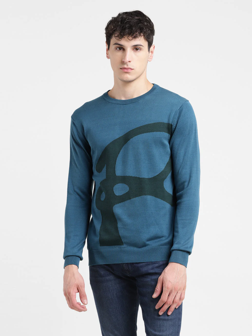 Men's Solid Blue Crew Neck Sweater