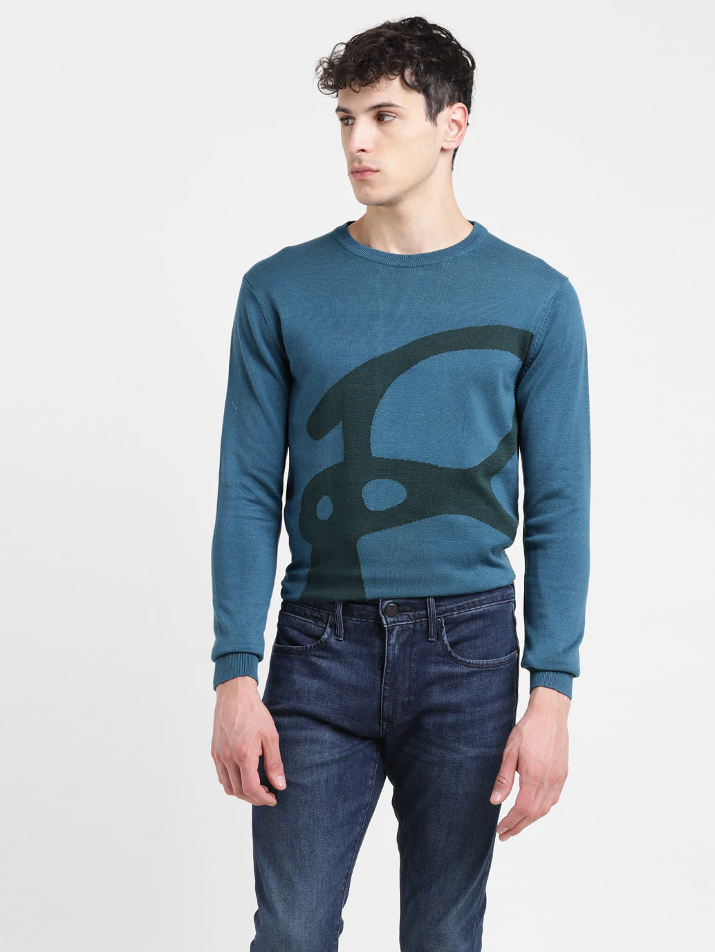 Men's Solid Blue Crew Neck Sweater - Image 2