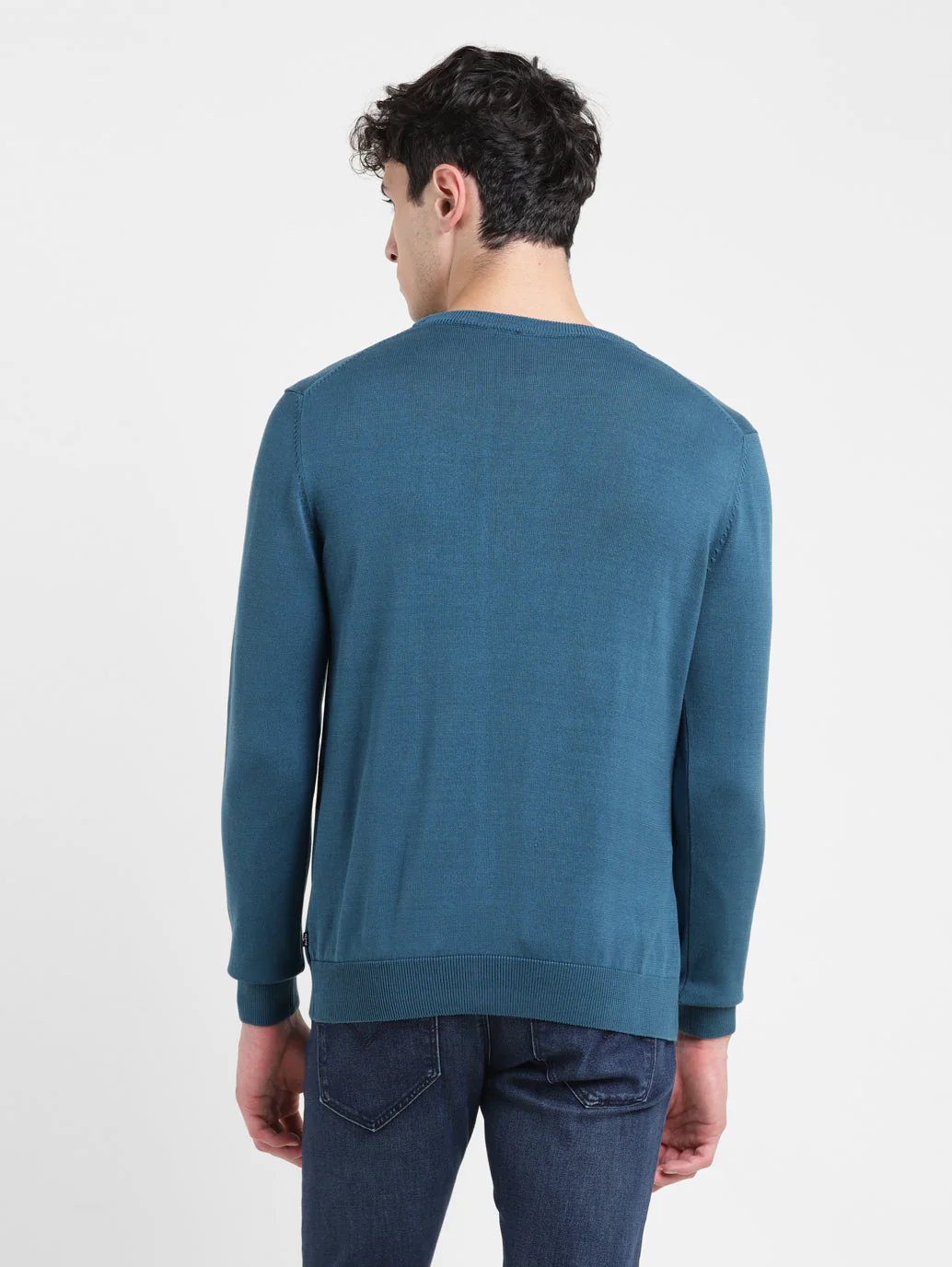Men's Solid Blue Crew Neck Sweater - Image 3