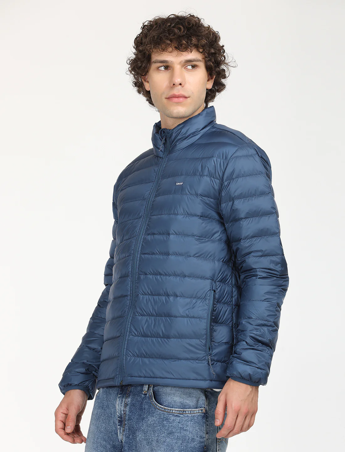 Men's Solid Blue Quilted Jacket - Image 2