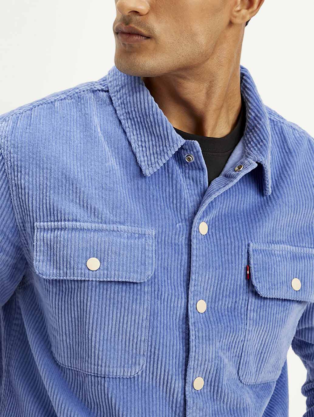 Men's Solid Blue Relaxed Fit Corduroy Shacket - Image 5