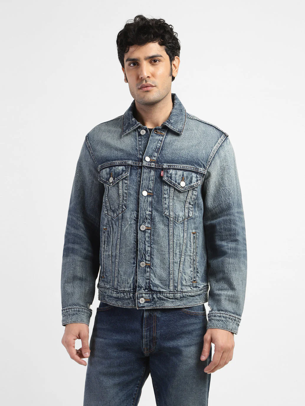 Men's Solid Blue Shirt Collar Denim Jacket - Image 2