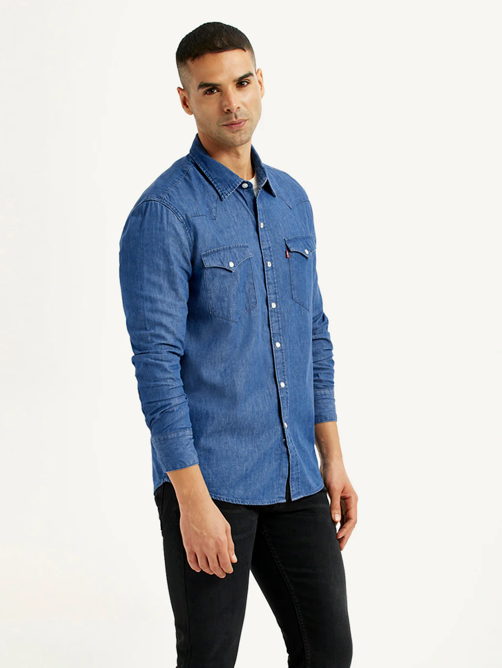 Men's Solid Blue Slim Fit Denim Shirt - Image 3