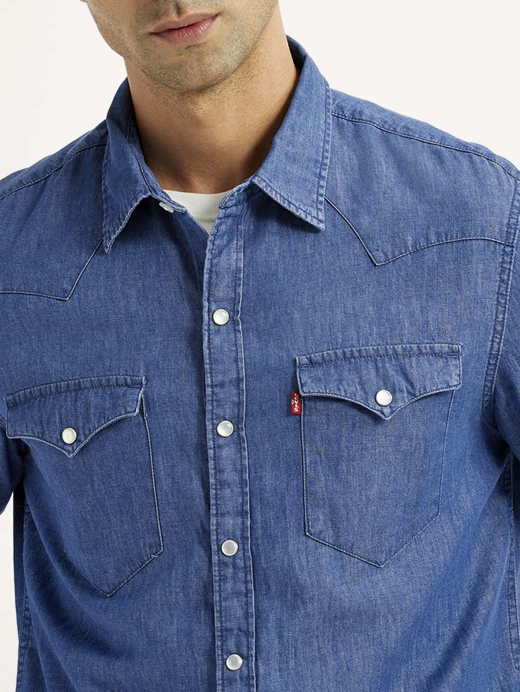 Men's Solid Blue Slim Fit Denim Shirt - Image 4