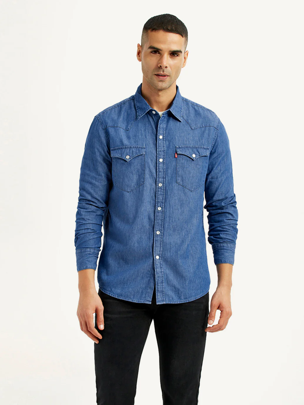 Men's Solid Blue Slim Fit Denim Shirt - Image 5