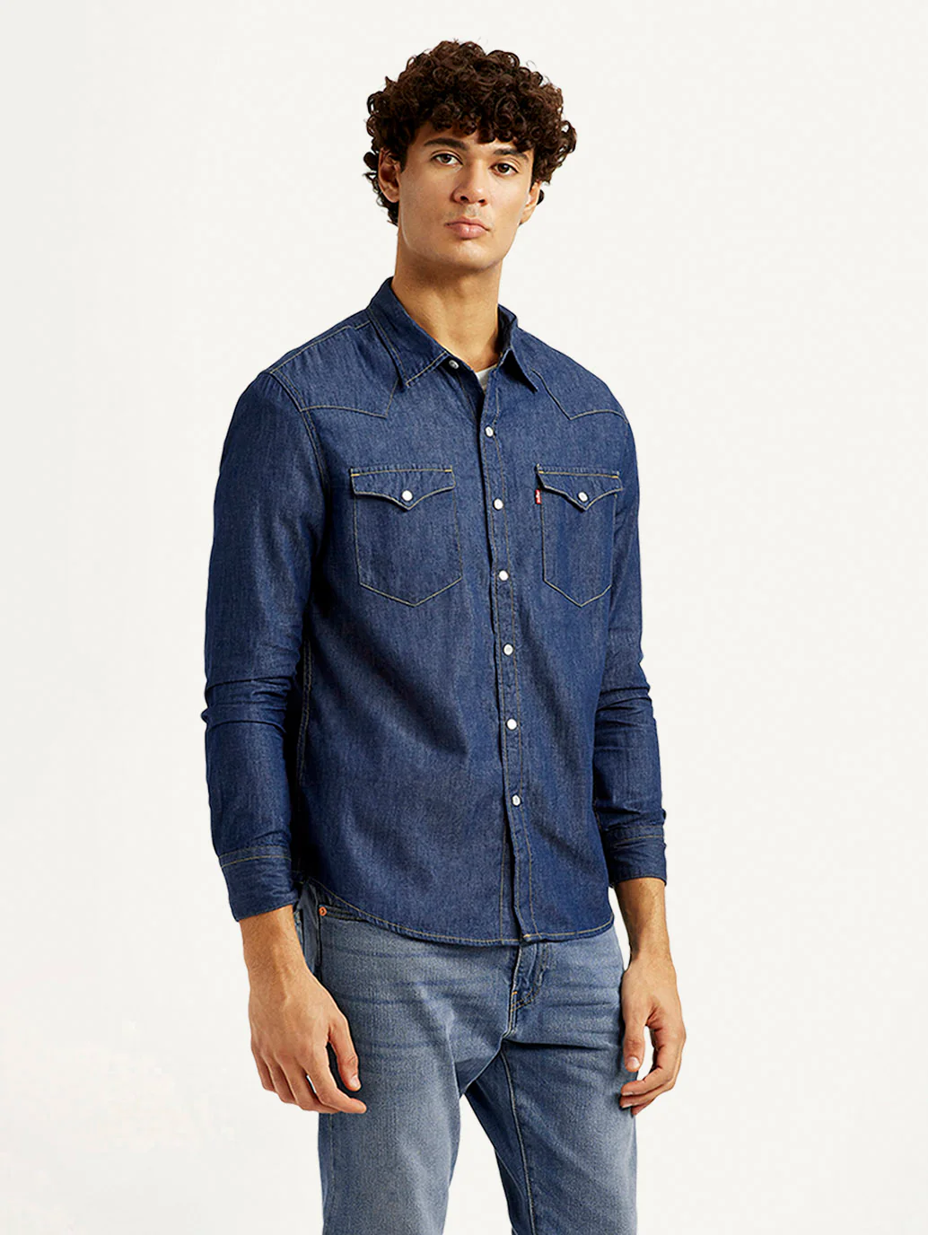 Men's Solid Blue Slim Fit Denim Shirt - Image 5
