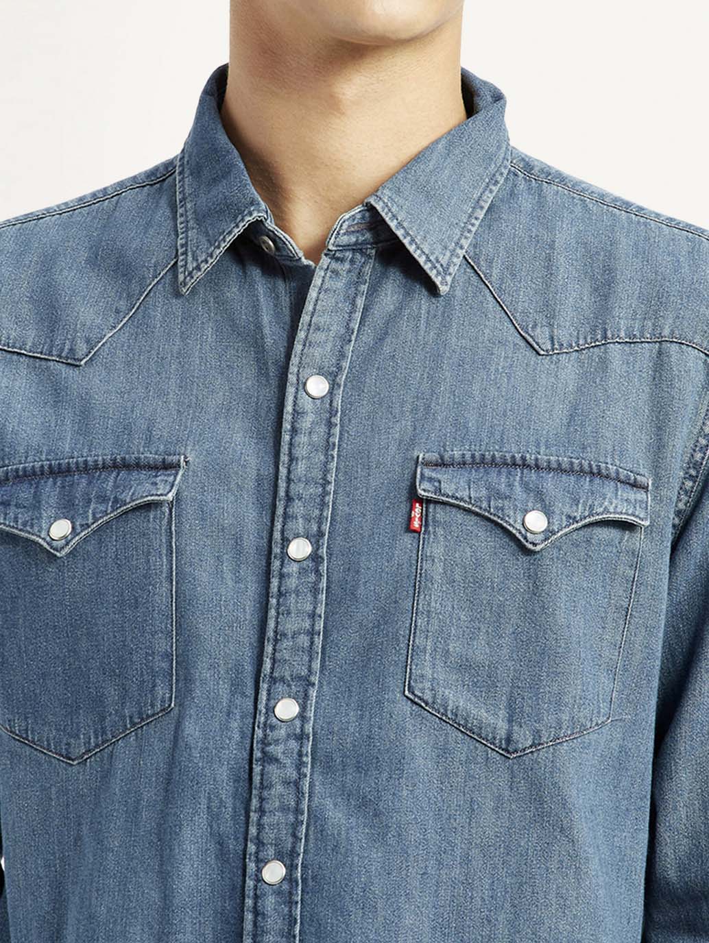 Men's Solid Blue Slim Fit Denim Shirt - Image 3